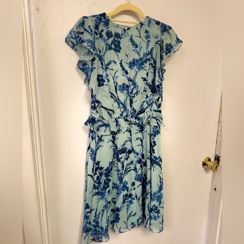 Blue Floral Ruffle Mini Dress Flutter Sleeve Garden Party Brunch NEW NWT 6P $129 - Picture 5 of 8